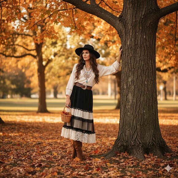 🌿Heart Soul Large Women's Boho Chic Black & Cream Midi Skirt - Picture 9 of 12